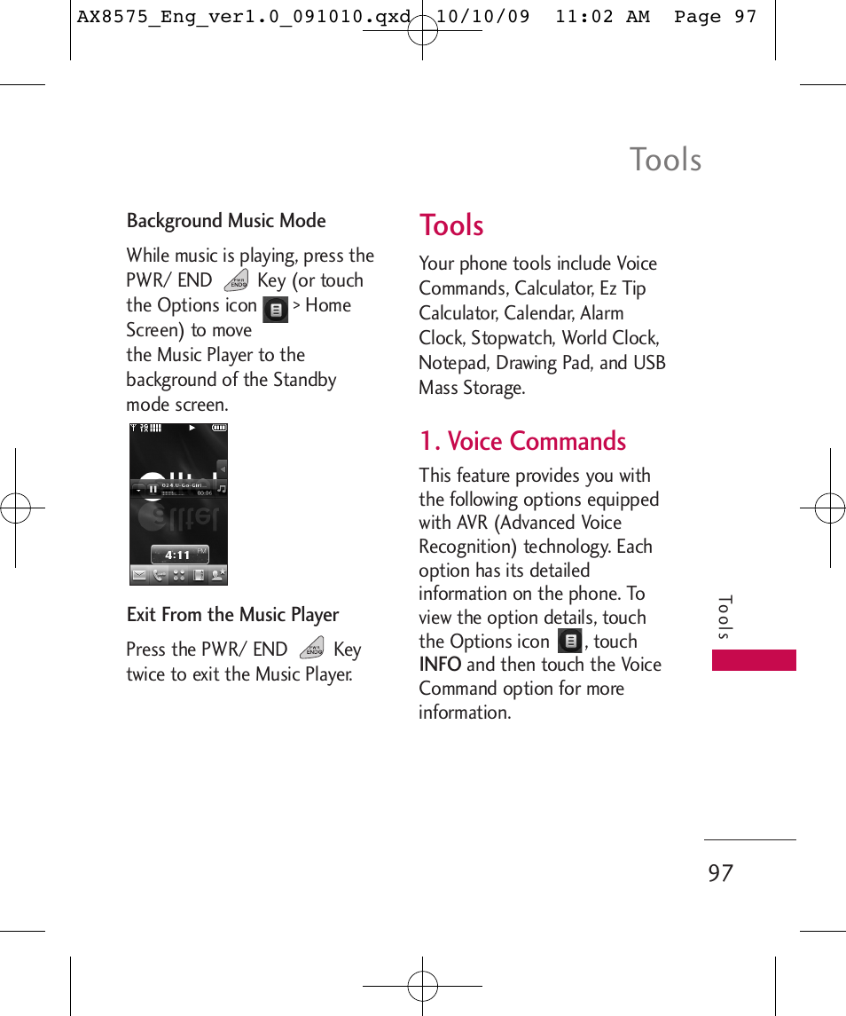 Tools, Voice commands | LG LGAX8575 User Manual | Page 99 / 381