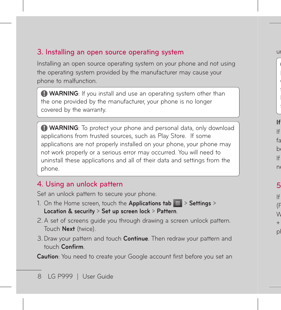 Installing an open source operating system, Using an unlock pattern | LG LGP999 User Manual | Page 10 / 274