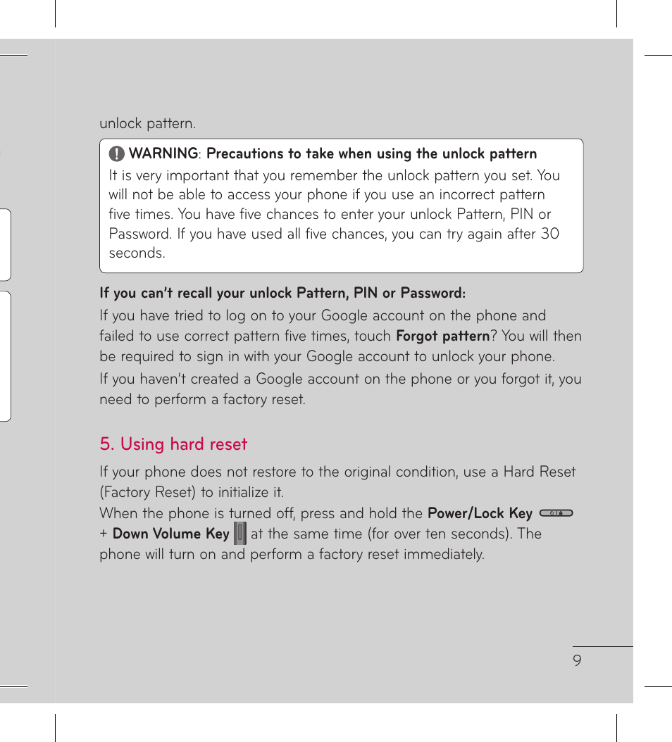 Using hard reset | LG LGP999 User Manual | Page 11 / 274