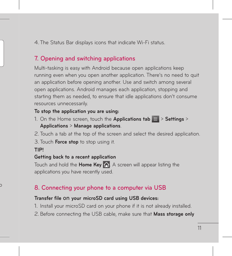 Opening and switching applications, Connecting your phone to a computer via usb | LG LGP999 User Manual | Page 13 / 274