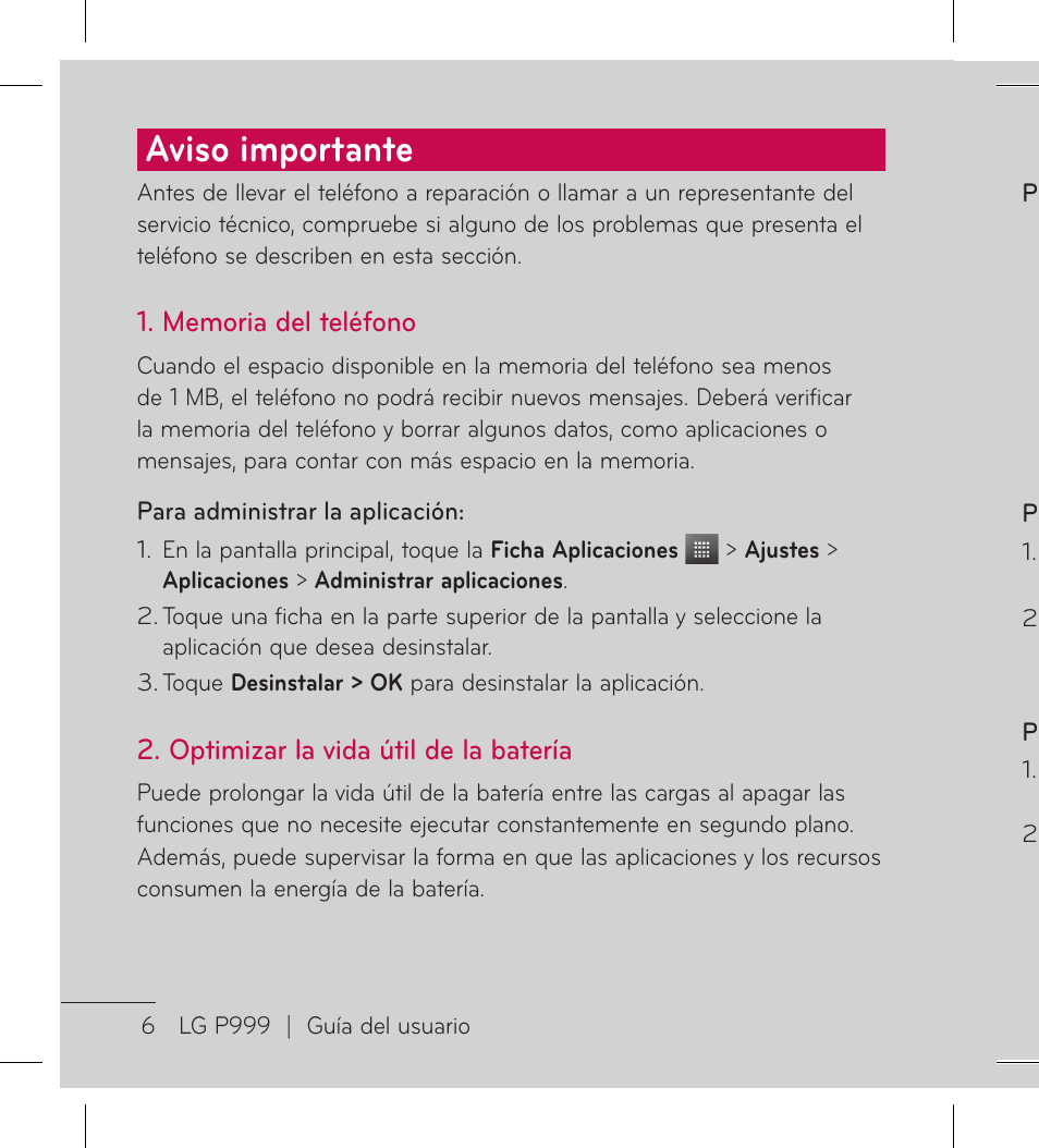 Aviso importante | LG LGP999 User Manual | Page 134 / 274