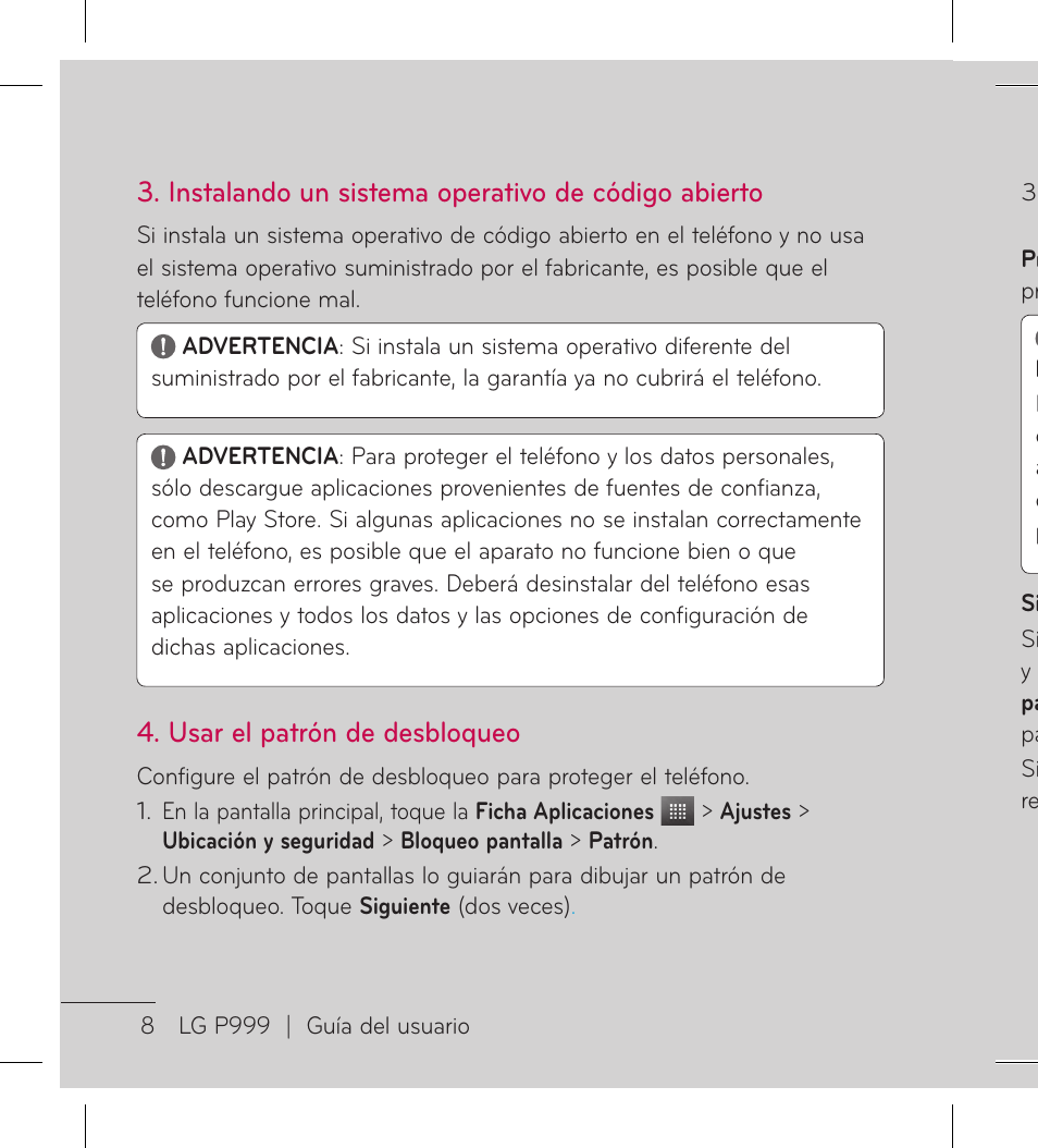 Instalando un sistema operativo de código abierto, Usar el patrón de desbloqueo | LG LGP999 User Manual | Page 136 / 274