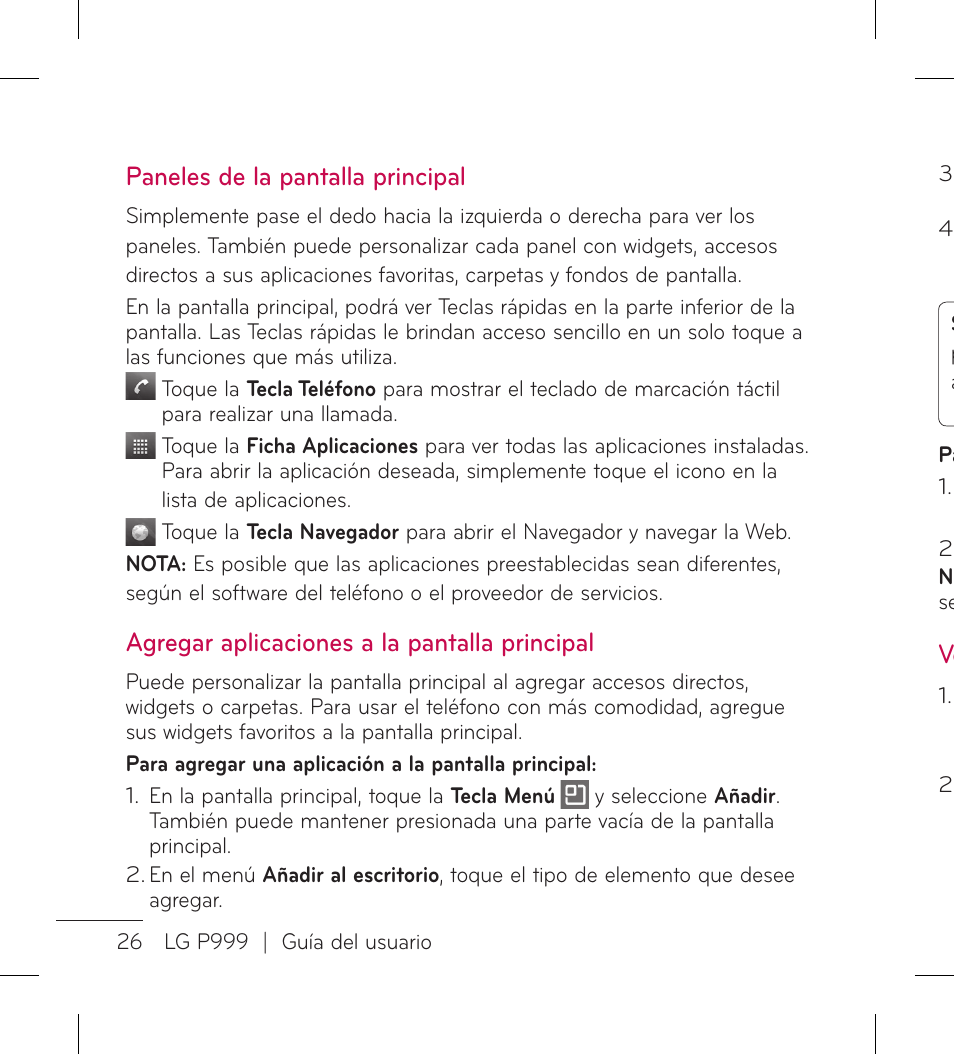 Paneles de la pantalla principal, Agregar aplicaciones a la pantalla principal | LG LGP999 User Manual | Page 154 / 274