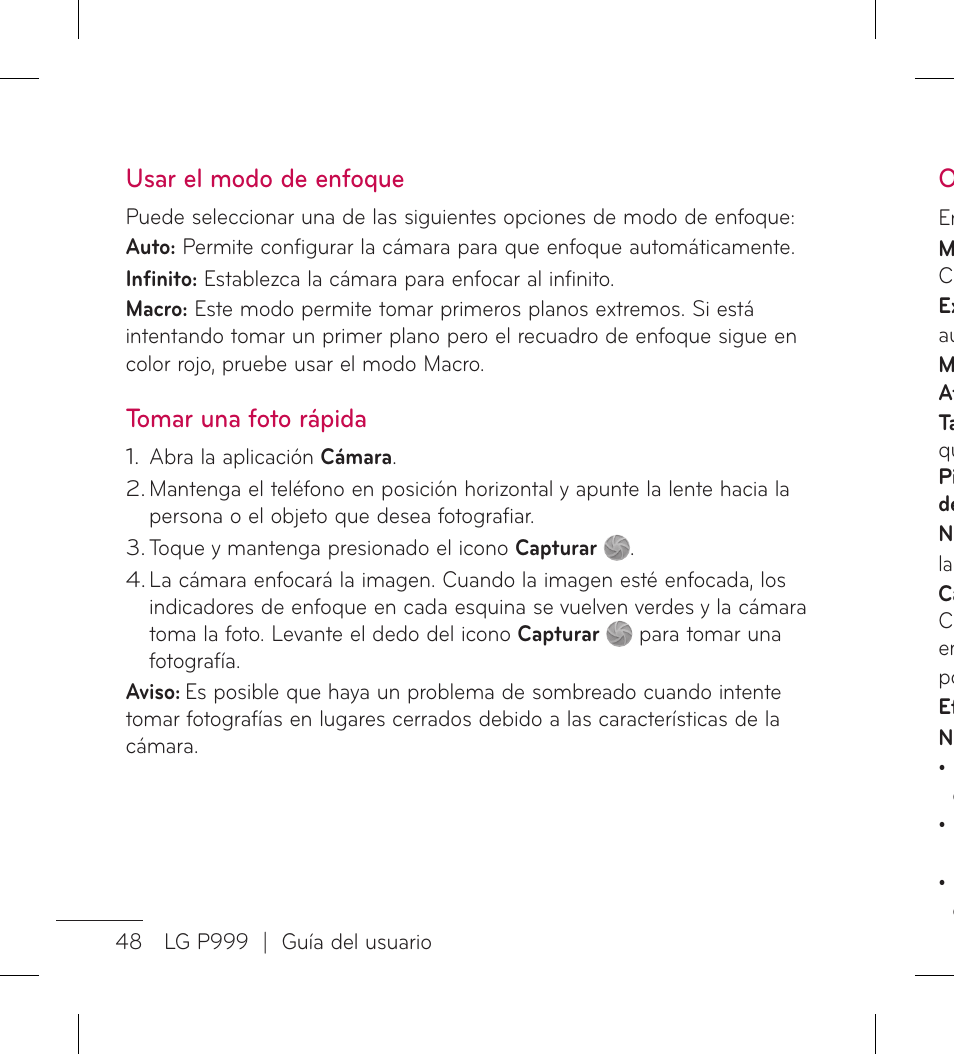 Usar el modo de enfoque, Tomar una foto rápida | LG LGP999 User Manual | Page 176 / 274