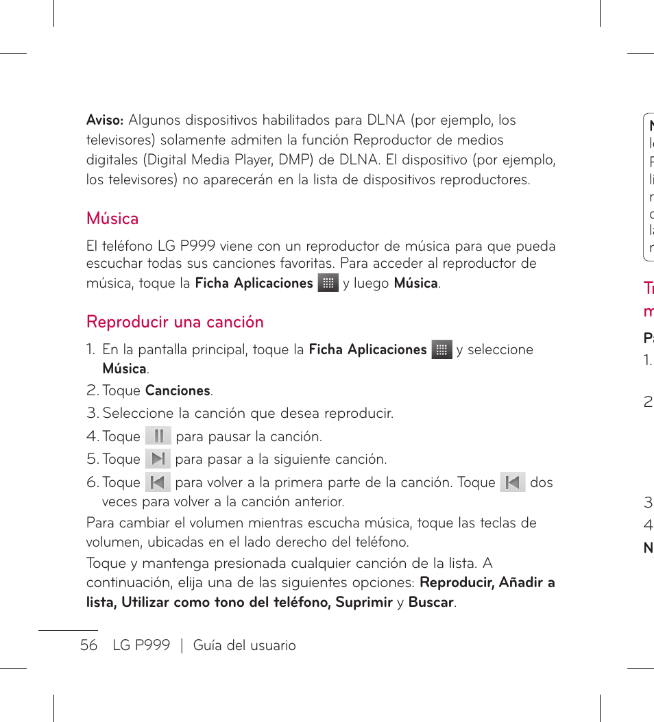 Música, Reproducir una canción, Tr m | LG LGP999 User Manual | Page 184 / 274