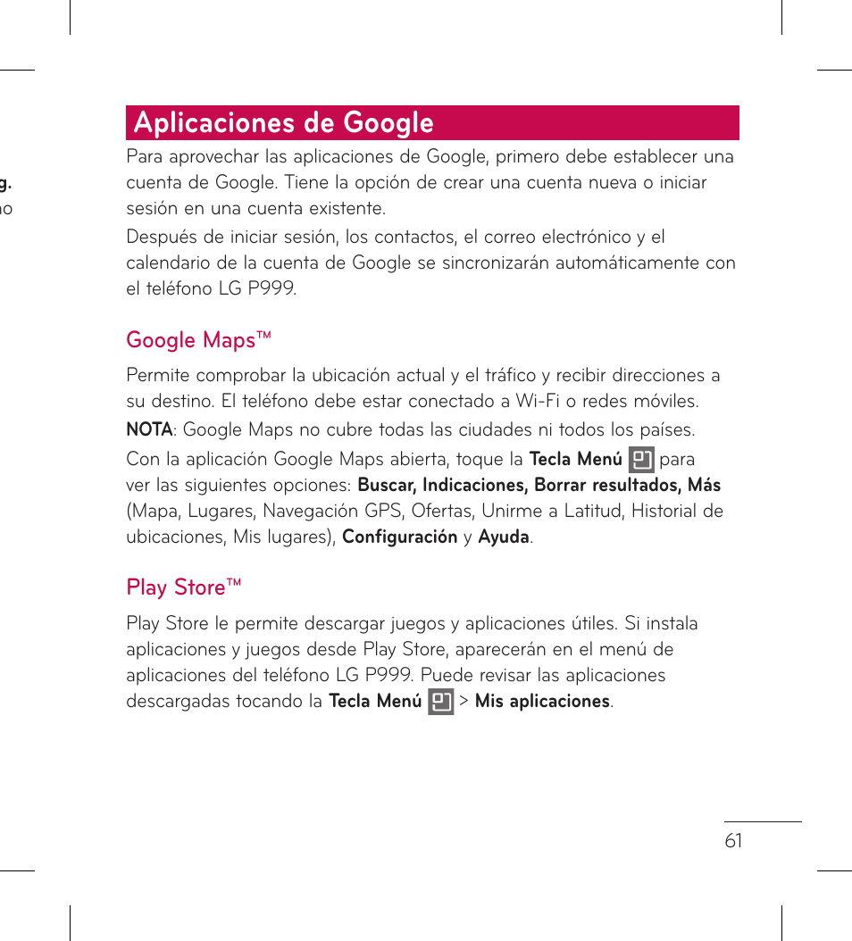 Aplicaciones de google | LG LGP999 User Manual | Page 189 / 274