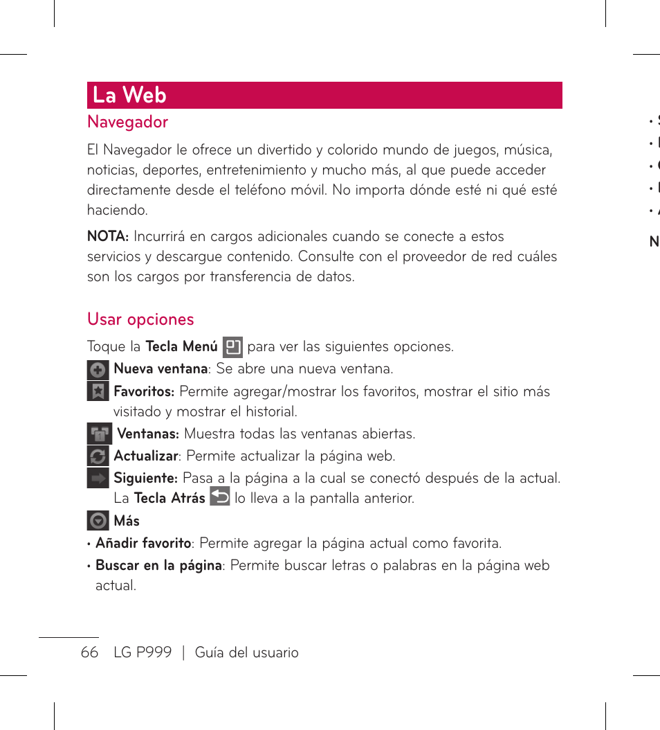 La web, Navegador, Usar opciones | LG LGP999 User Manual | Page 194 / 274