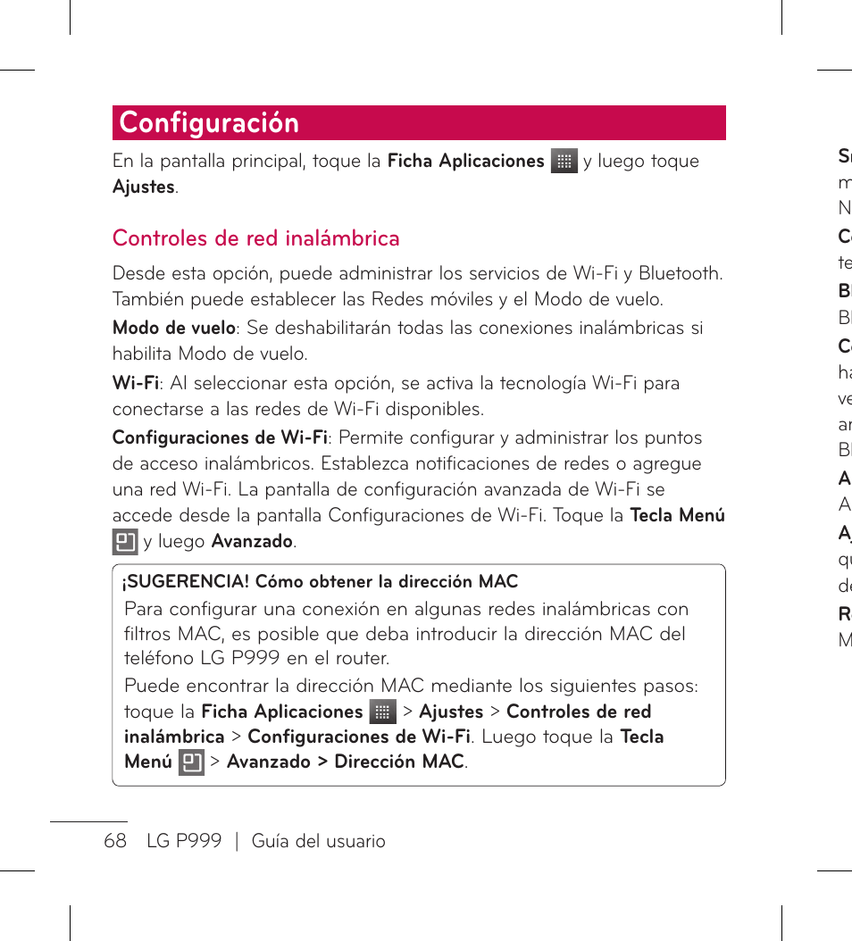 Conﬁ guración, Controles de red inalámbrica | LG LGP999 User Manual | Page 196 / 274