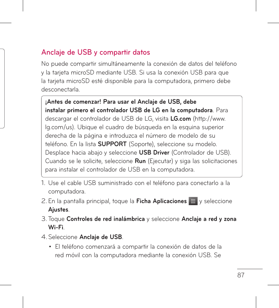 Anclaje de usb y compartir datos | LG LGP999 User Manual | Page 215 / 274