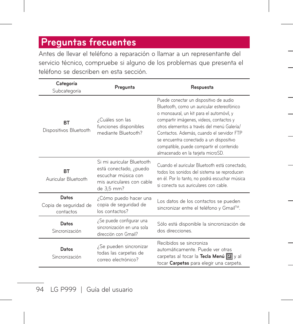 Preguntas frecuentes | LG LGP999 User Manual | Page 222 / 274