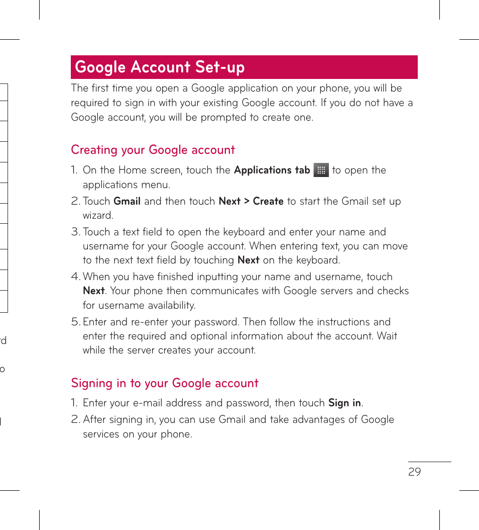 Google account set-up | LG LGP999 User Manual | Page 31 / 274