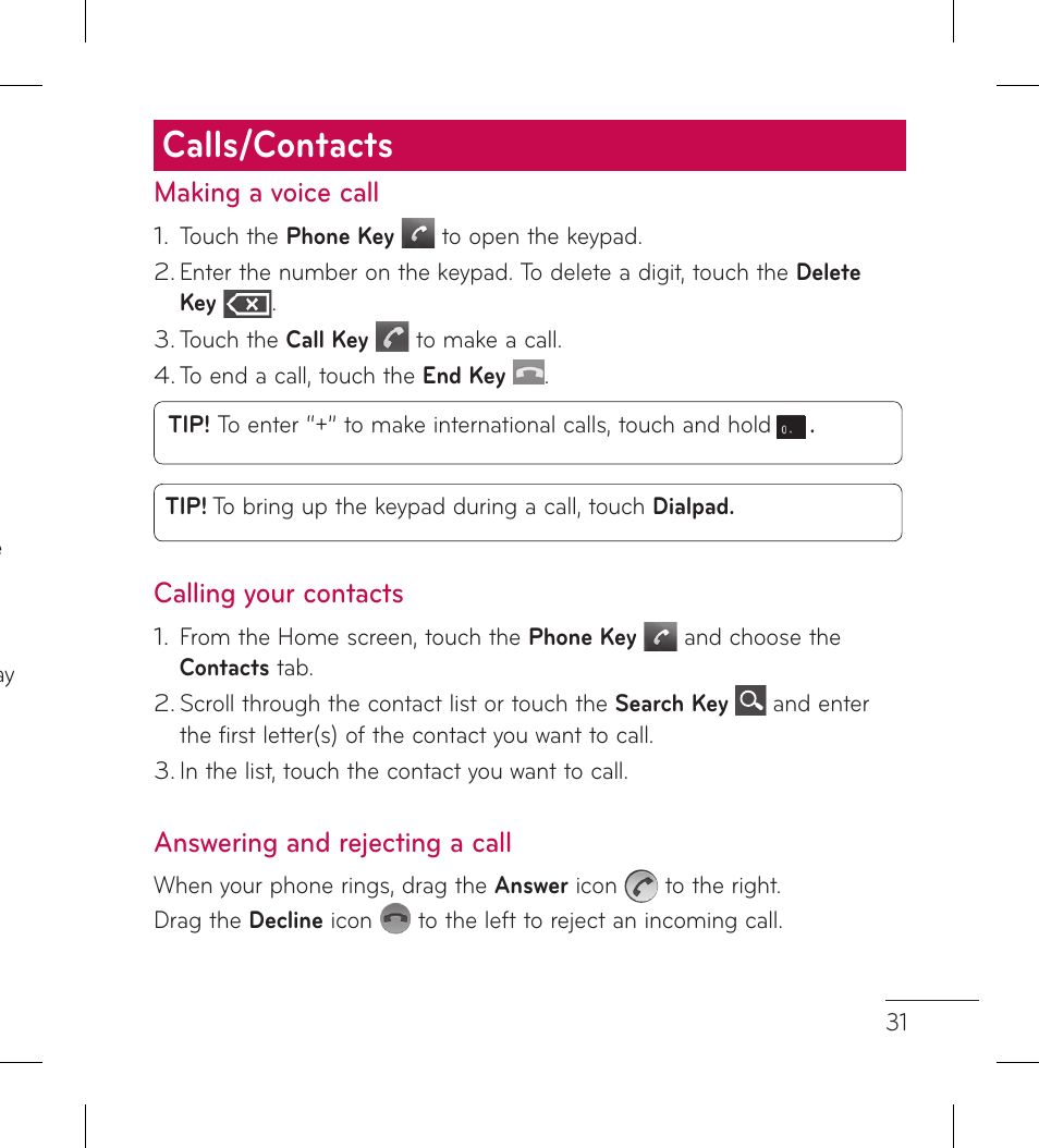 Calls/contacts | LG LGP999 User Manual | Page 33 / 274