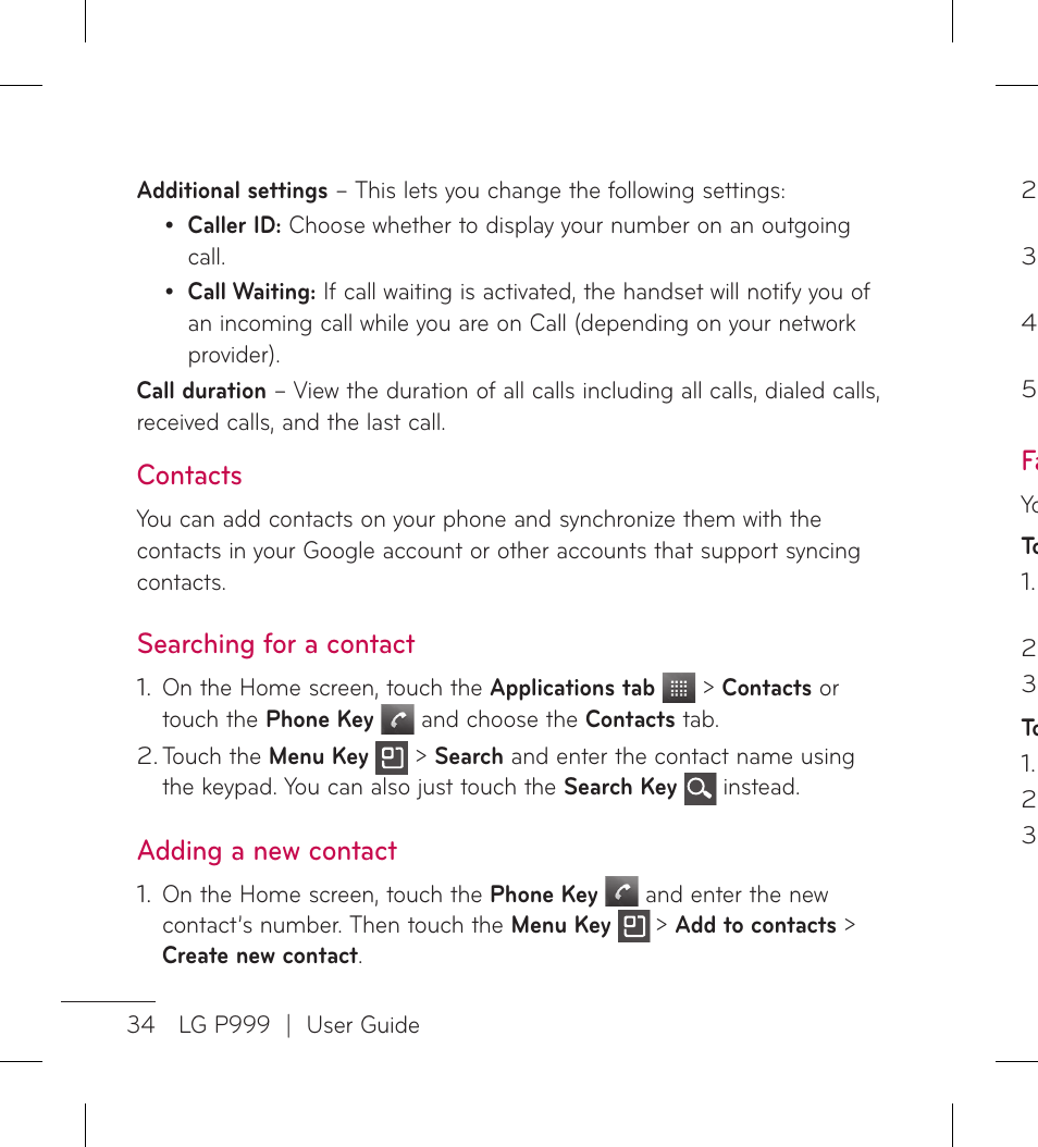 Contacts, Searching for a contact, Adding a new contact | LG LGP999 User Manual | Page 36 / 274
