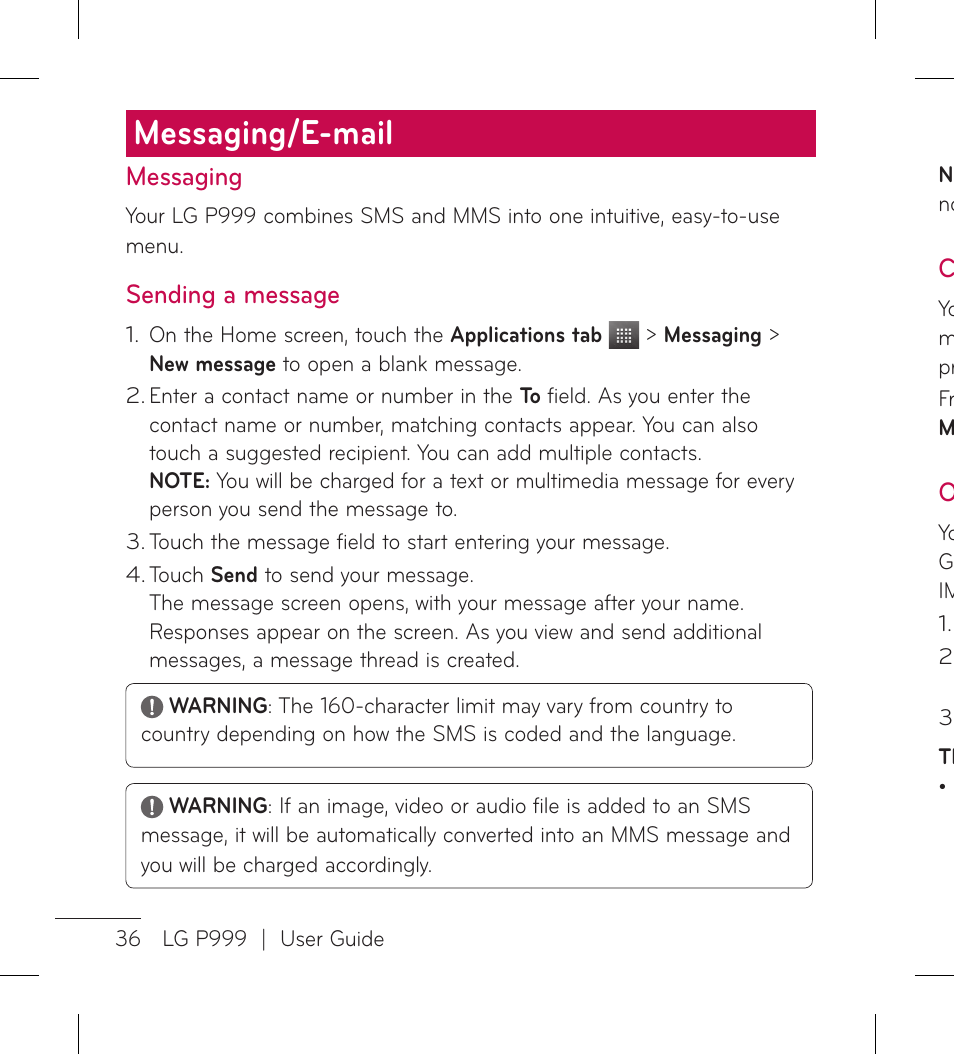 Messaging/e-mail | LG LGP999 User Manual | Page 38 / 274