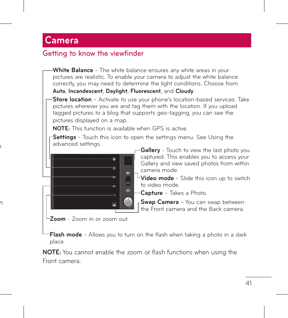 Camera, Getting to know the viewfinder | LG LGP999 User Manual | Page 43 / 274
