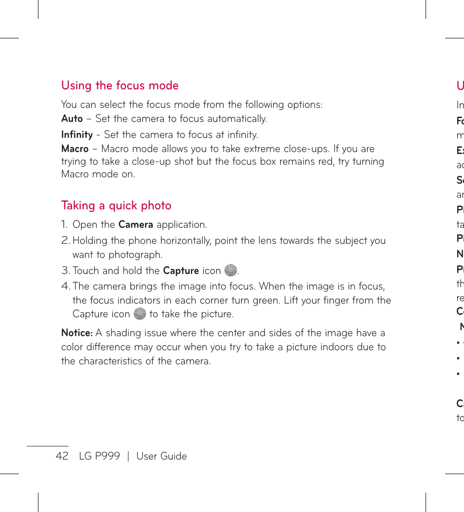 Using the focus mode, Taking a quick photo | LG LGP999 User Manual | Page 44 / 274