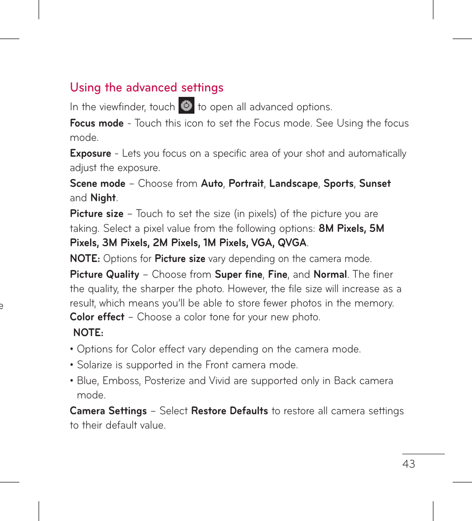 Using the advanced settings | LG LGP999 User Manual | Page 45 / 274