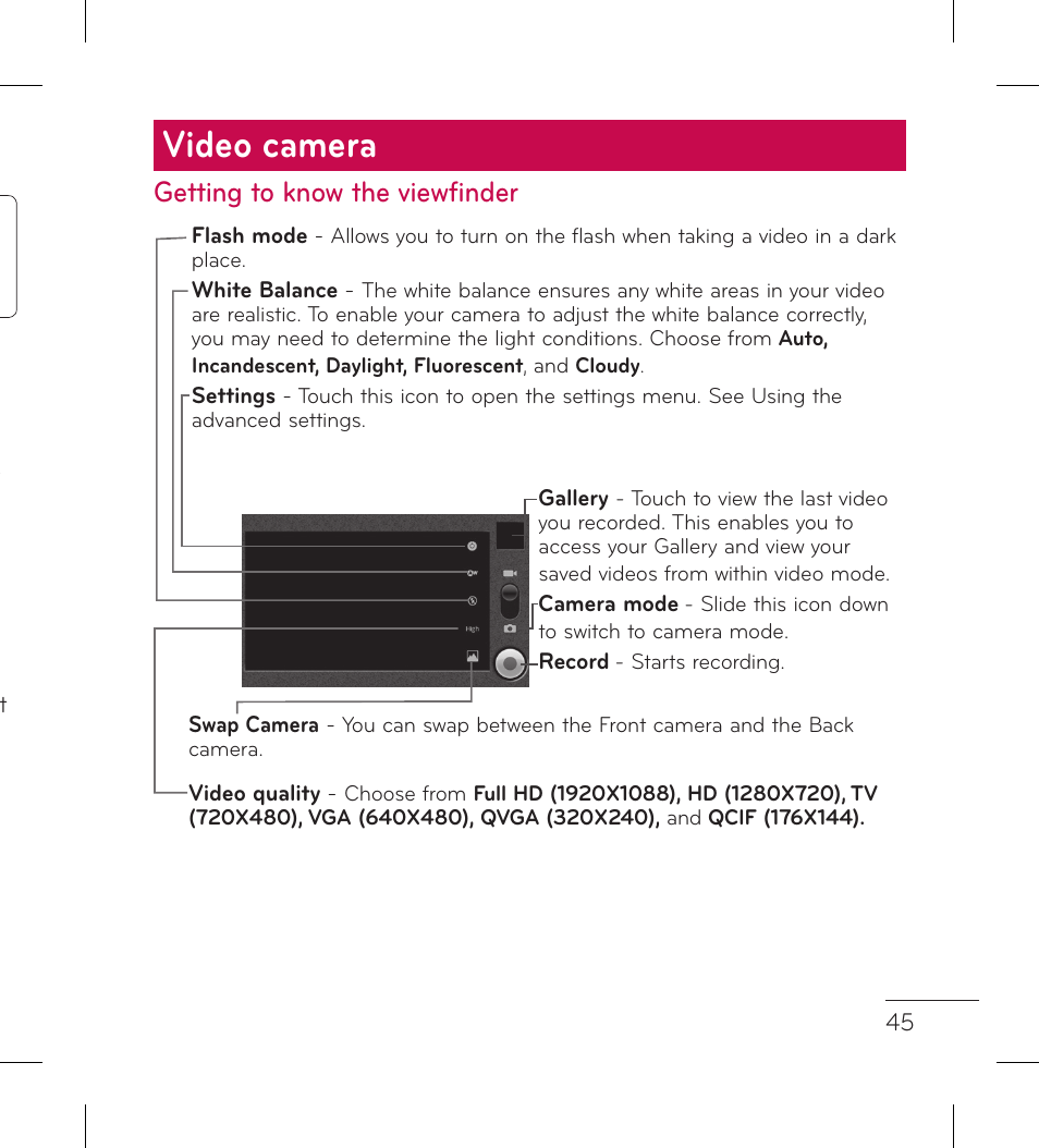 Video camera, Getting to know the viewfinder | LG LGP999 User Manual | Page 47 / 274