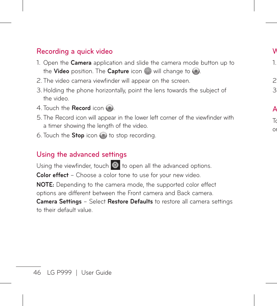 Recording a quick video, Using the advanced settings | LG LGP999 User Manual | Page 48 / 274