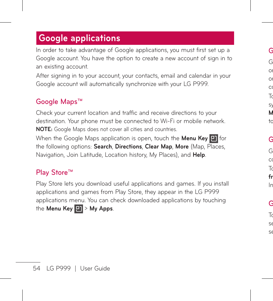 Google applications | LG LGP999 User Manual | Page 56 / 274