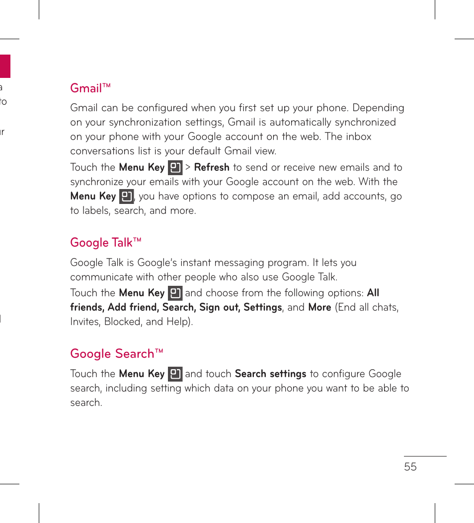 Gmail, Google talk, Google search | LG LGP999 User Manual | Page 57 / 274