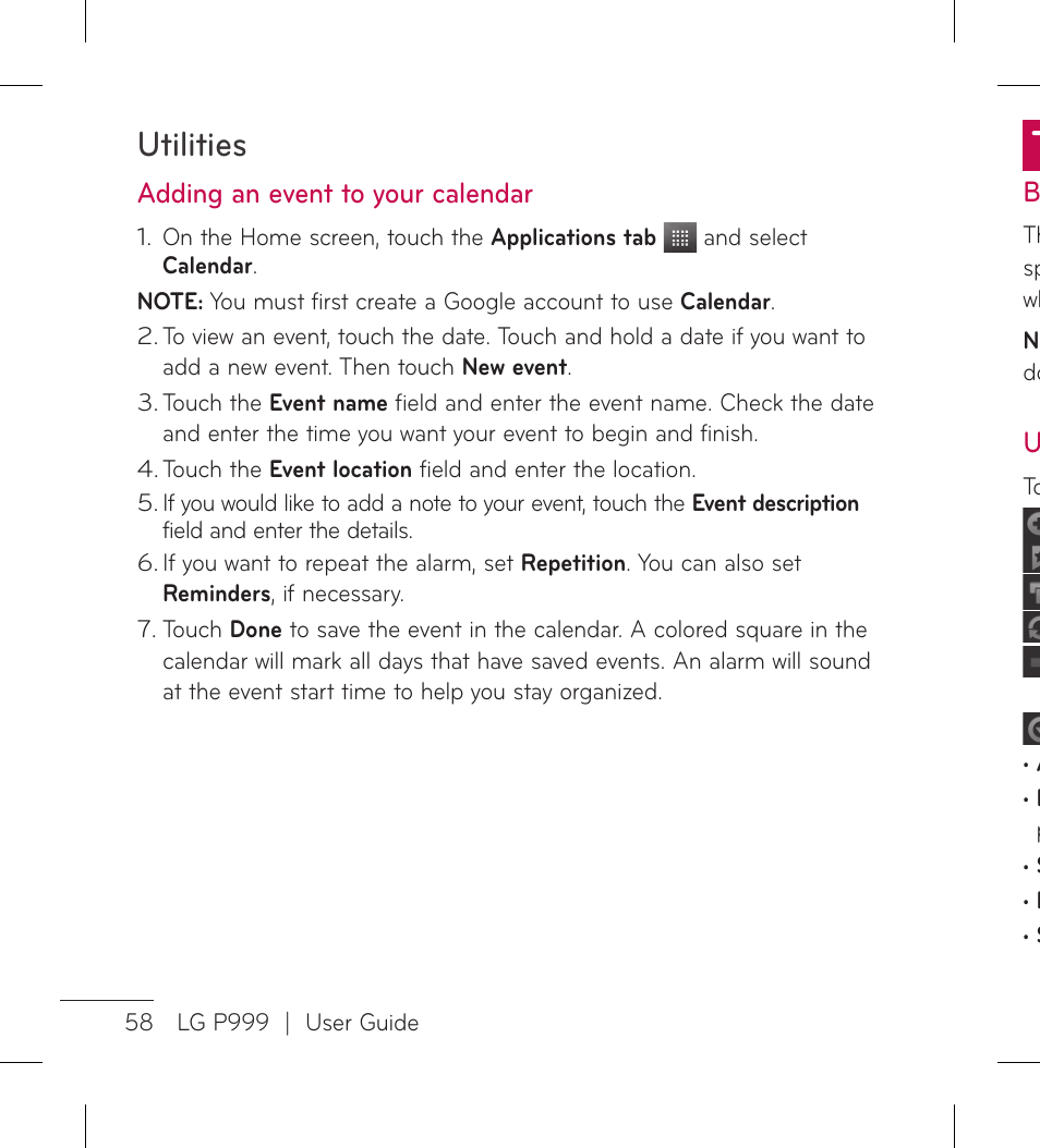 Utilities, Adding an event to your calendar | LG LGP999 User Manual | Page 60 / 274