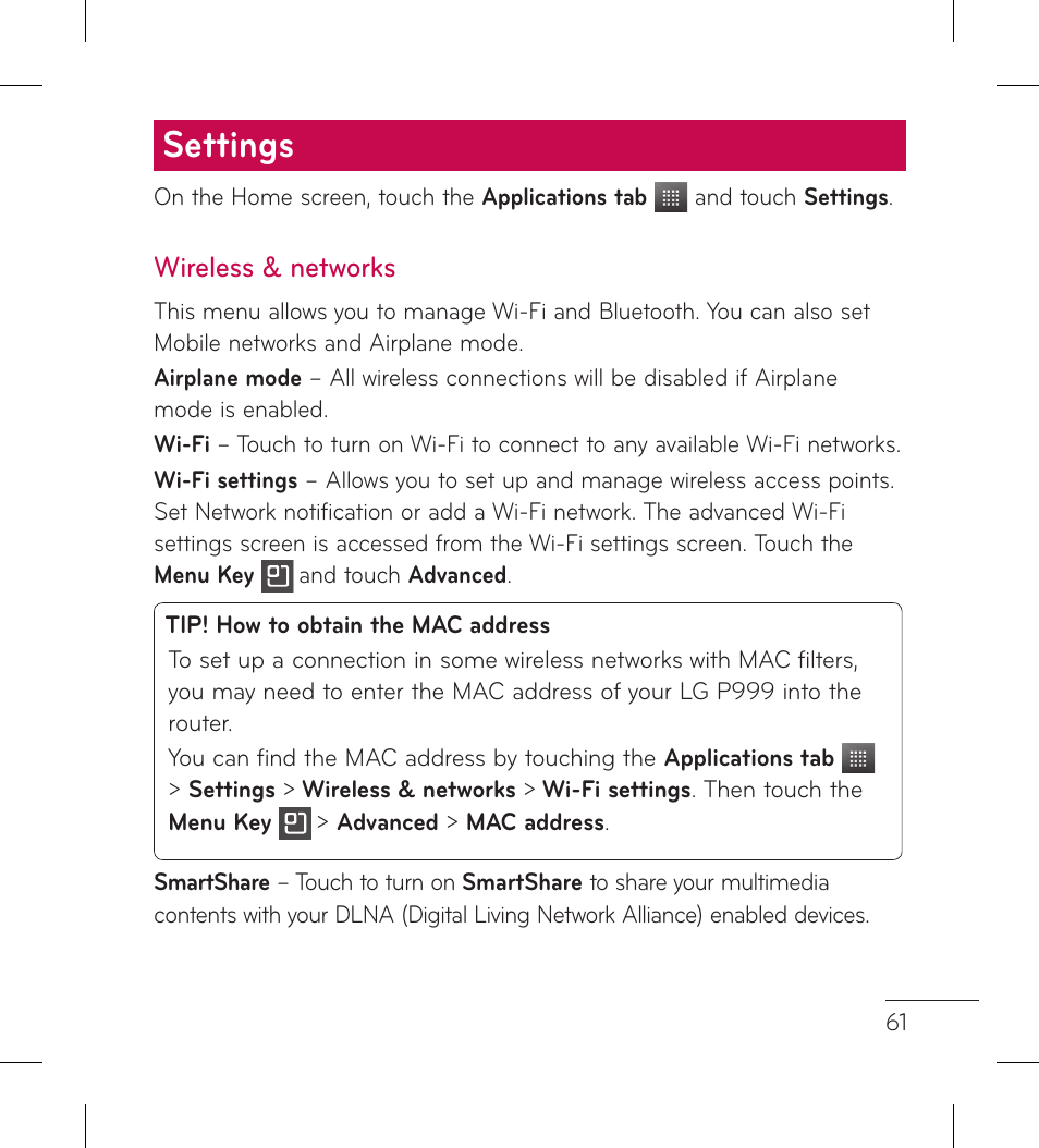 Settings, Wireless & networks | LG LGP999 User Manual | Page 63 / 274