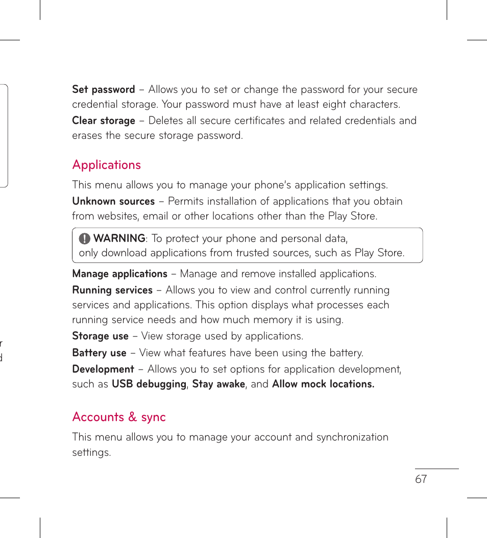 Applications, Accounts & sync | LG LGP999 User Manual | Page 69 / 274