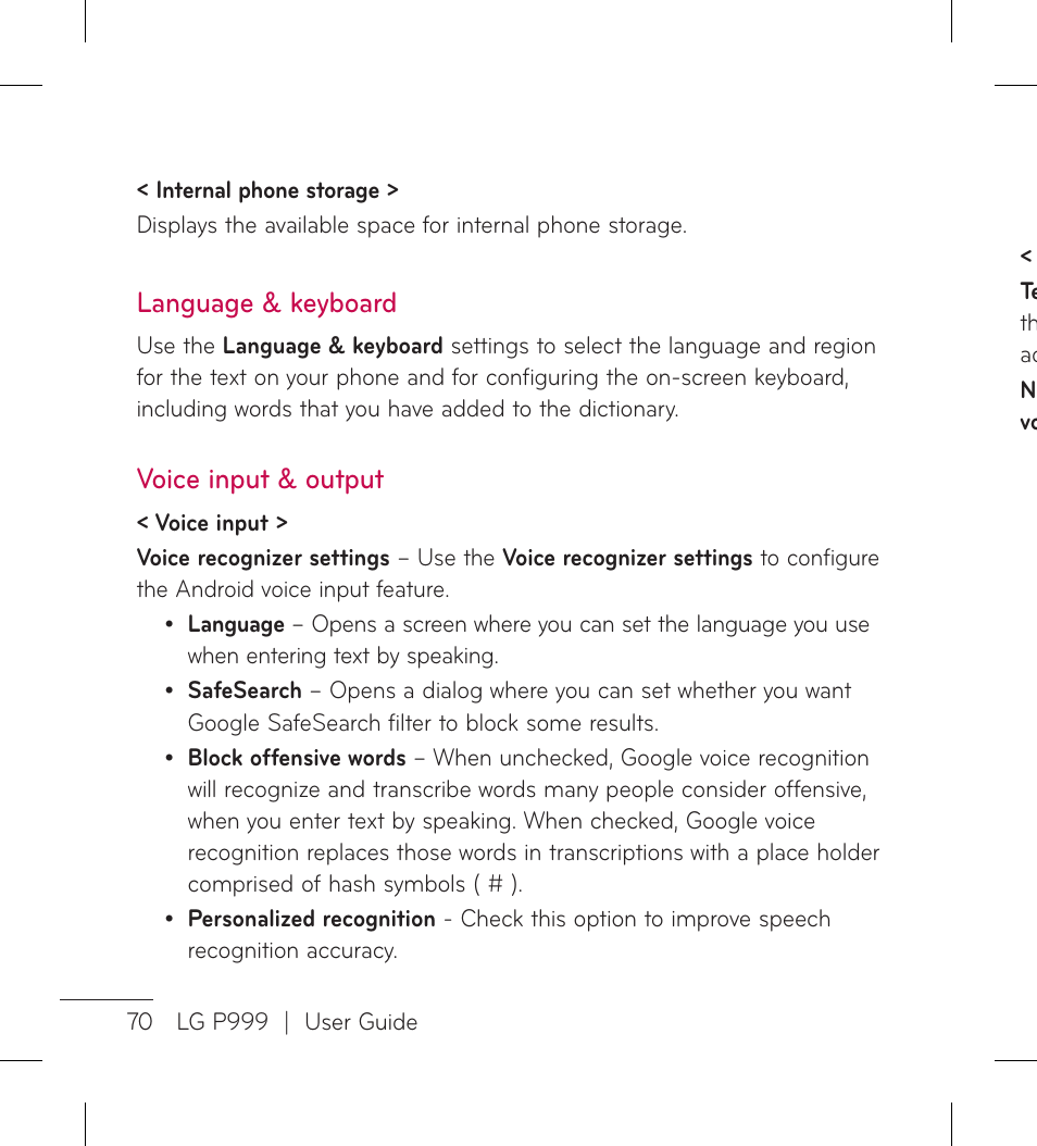 Language & keyboard, Voice input & output | LG LGP999 User Manual | Page 72 / 274