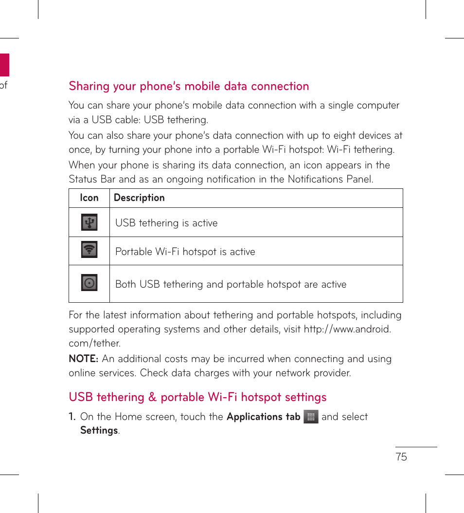 Sharing your phone’s mobile data connection, Usb tethering & portable wi-fi hotspot settings | LG LGP999 User Manual | Page 77 / 274