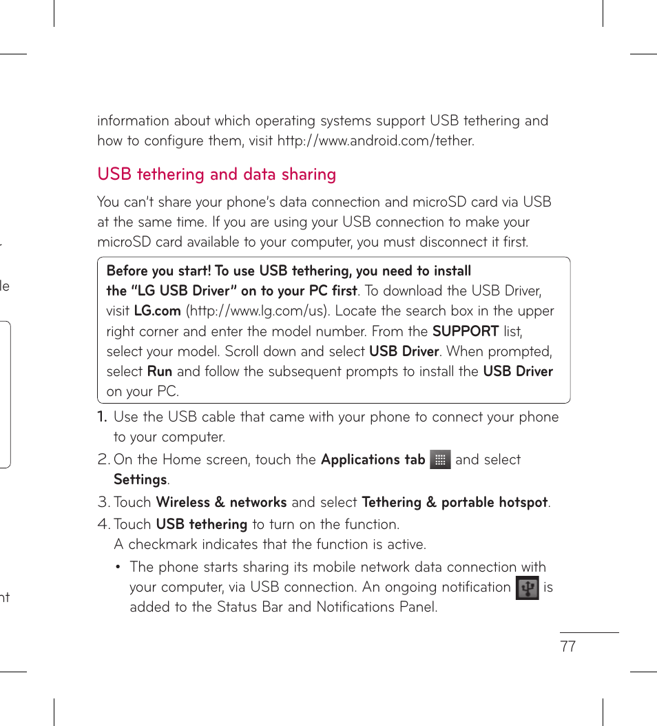 Usb tethering and data sharing | LG LGP999 User Manual | Page 79 / 274