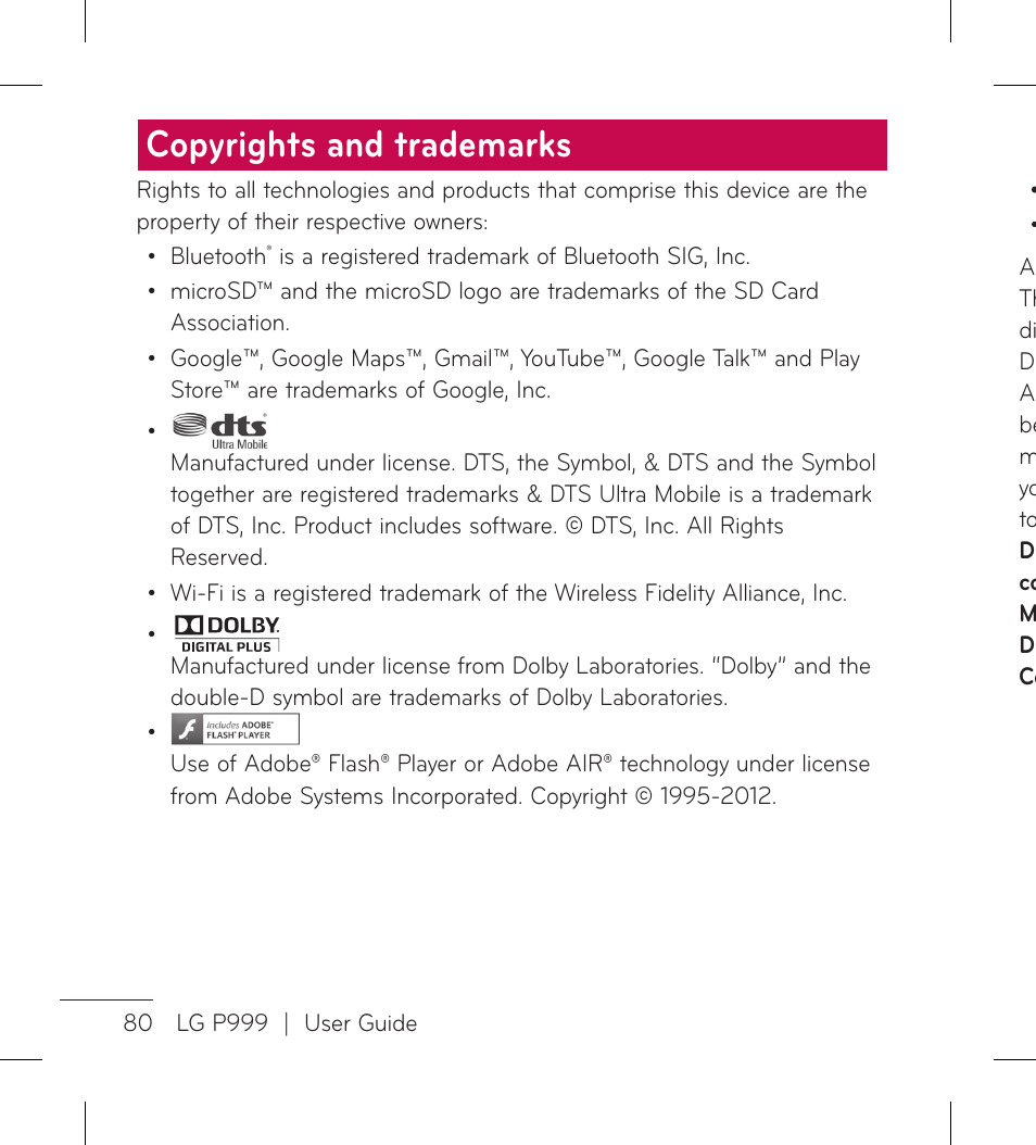 Copyrights and trademarks | LG LGP999 User Manual | Page 82 / 274