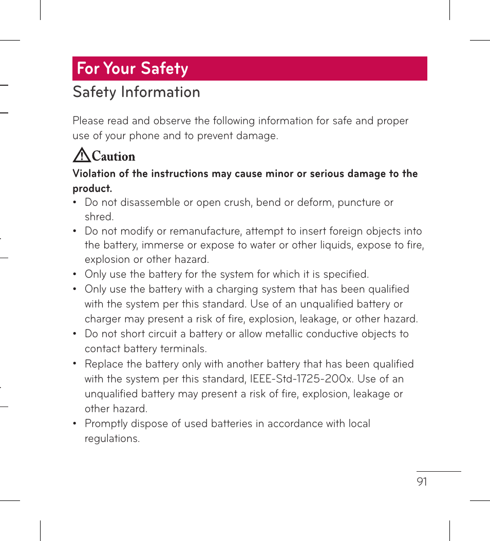 For your safety, Safety information | LG LGP999 User Manual | Page 93 / 274