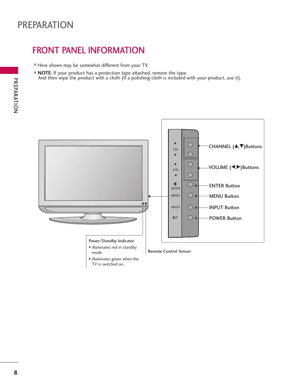 Front panel information, Preparation, Prep ar ation | LG Z47LC6DF-UL User Manual | Page 10 / 104