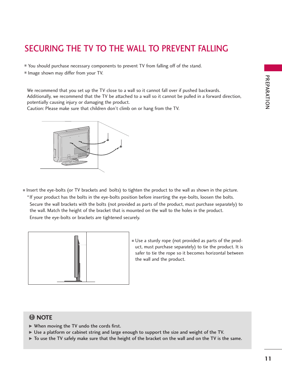 Securing the tv to the wall to prevent falling | LG Z47LC6DF-UL User Manual | Page 13 / 104