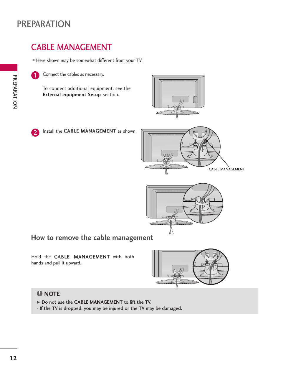 Cable management, Preparation, How to remove the cable management | LG Z47LC6DF-UL User Manual | Page 14 / 104