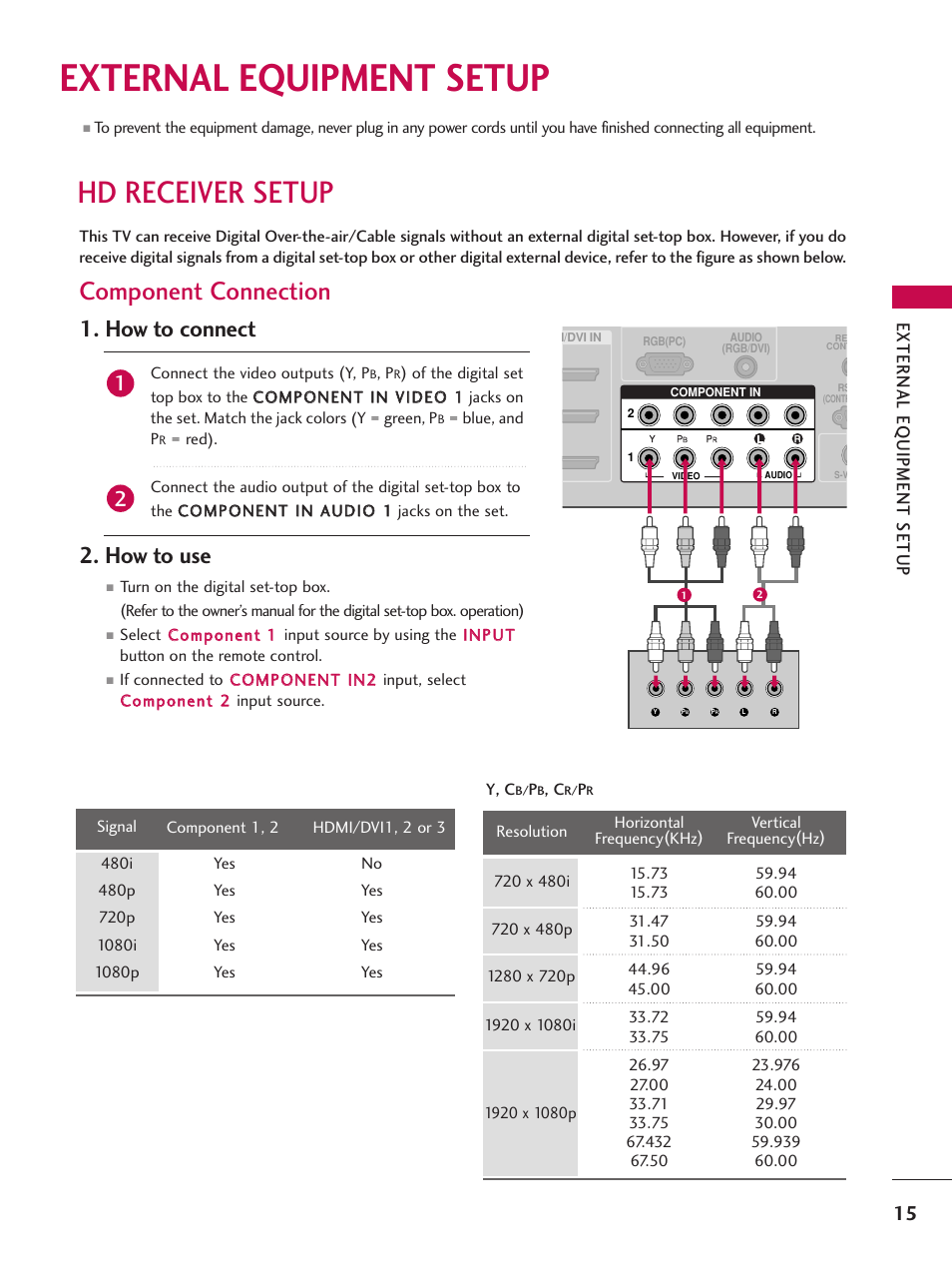 External equipment setup, Hd receiver setup, Component connection | How to connect, How to use, External eq uipment setup | LG Z47LC6DF-UL User Manual | Page 17 / 104