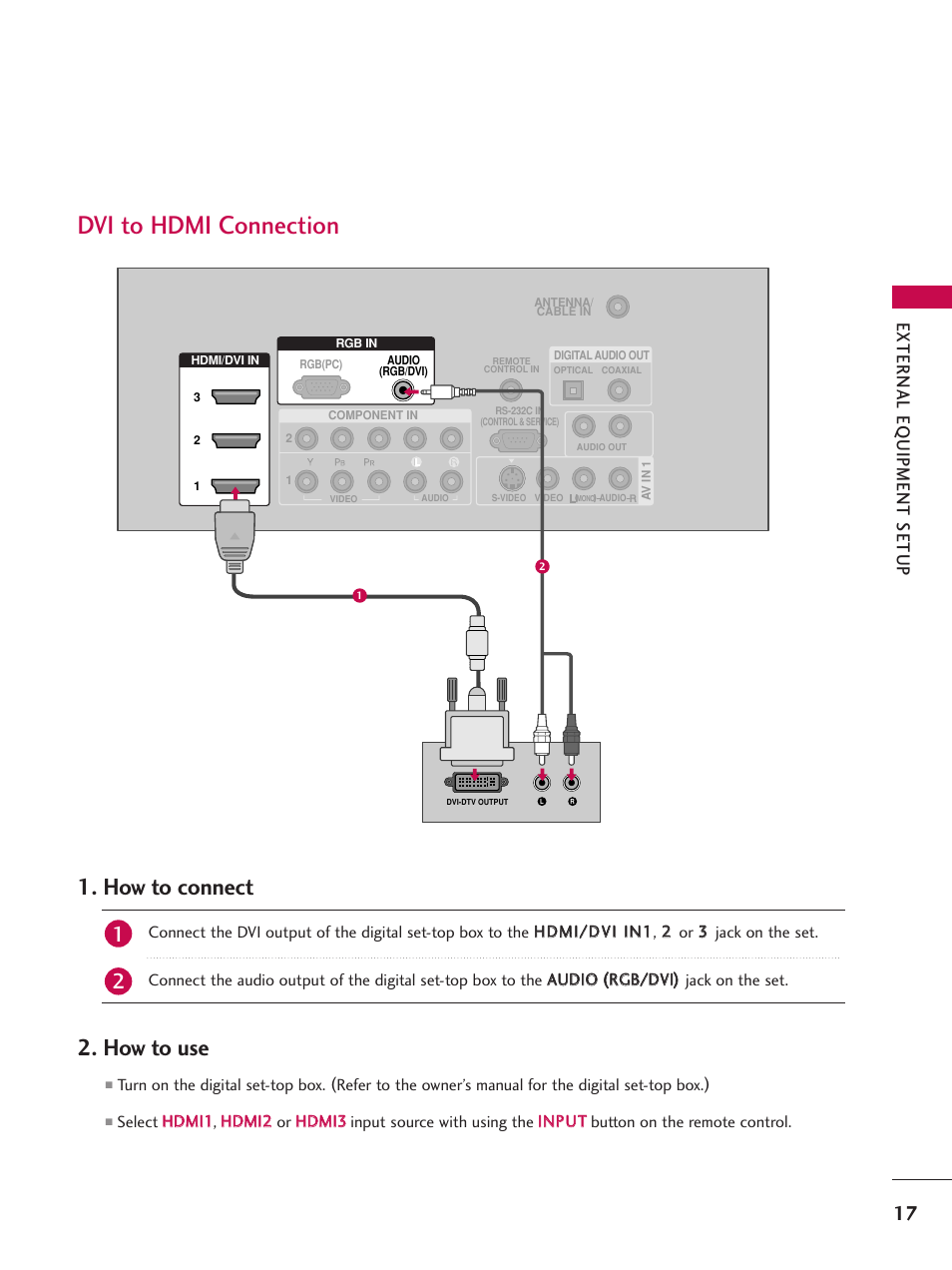 Dvi to hdmi connection, How to connect, How to use | External eq uipment setup | LG Z47LC6DF-UL User Manual | Page 19 / 104