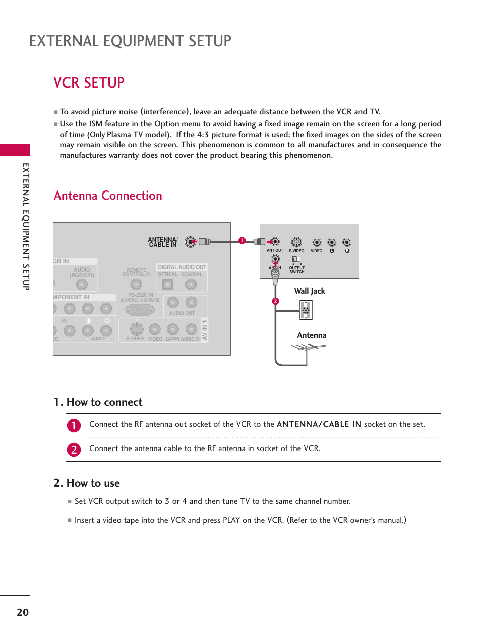 Vcr setup, Antenna connection, External equipment setup | How to connect, How to use, External eq uipment setup, Wall jack antenna | LG Z47LC6DF-UL User Manual | Page 22 / 104