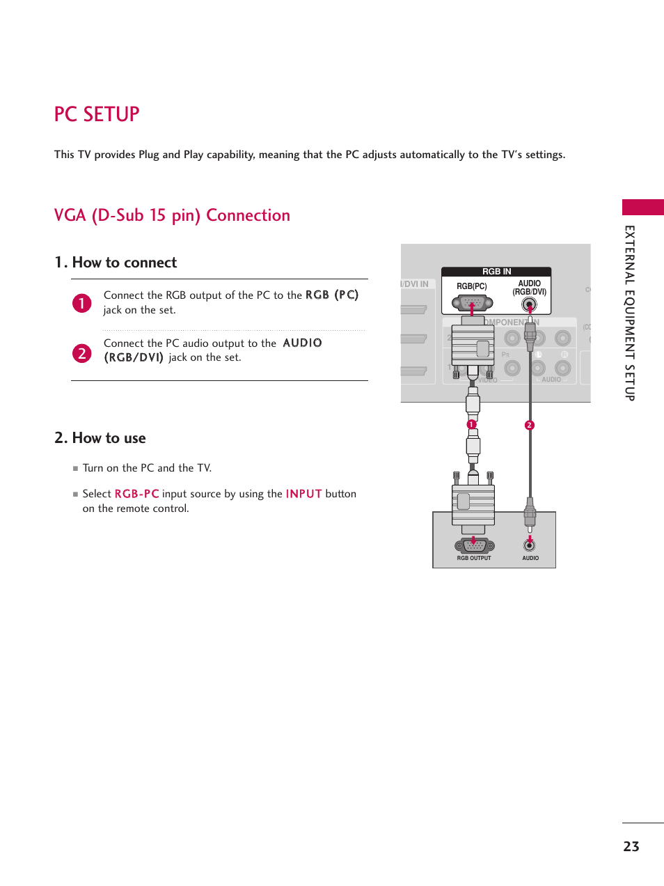 Pc setup, Vga (d-sub 15 pin) connection, How to connect 2. how to use | External eq uipment setup | LG Z47LC6DF-UL User Manual | Page 25 / 104