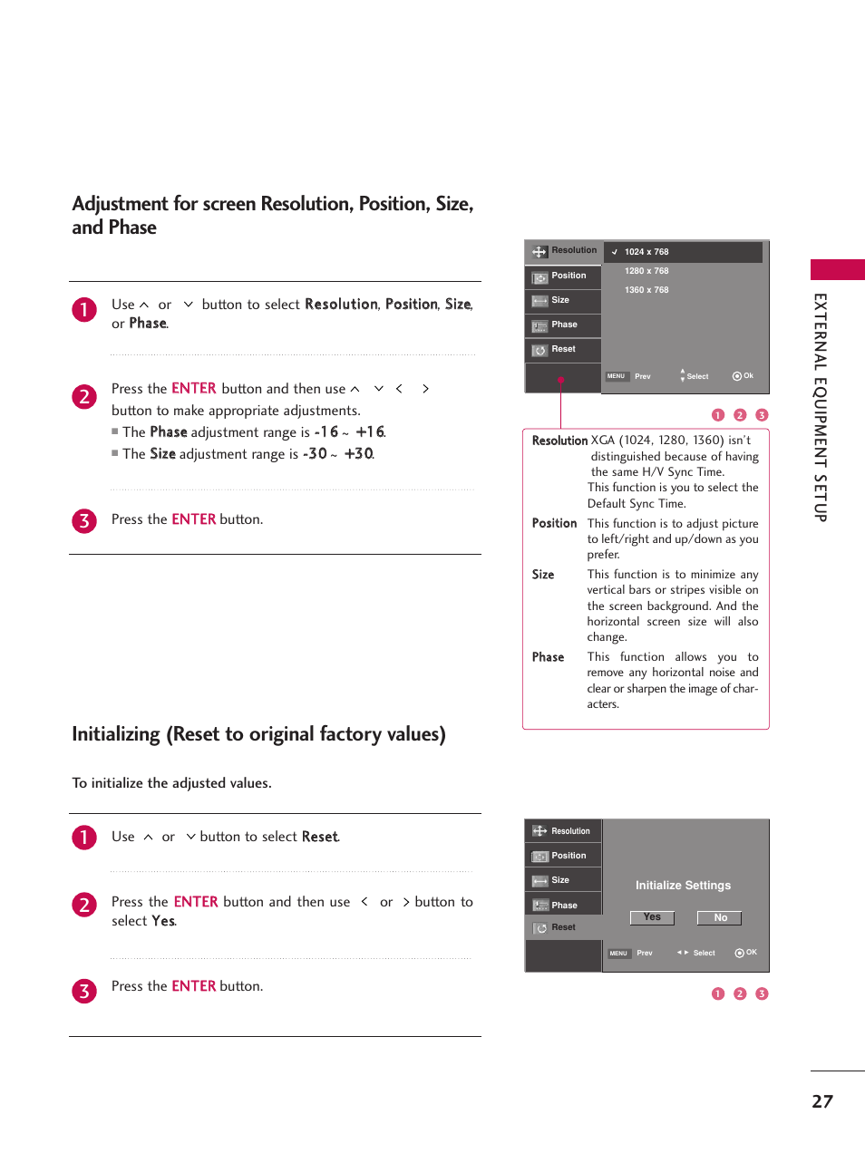 Initializing (reset to original factory values), External eq uipment setup | LG Z47LC6DF-UL User Manual | Page 29 / 104