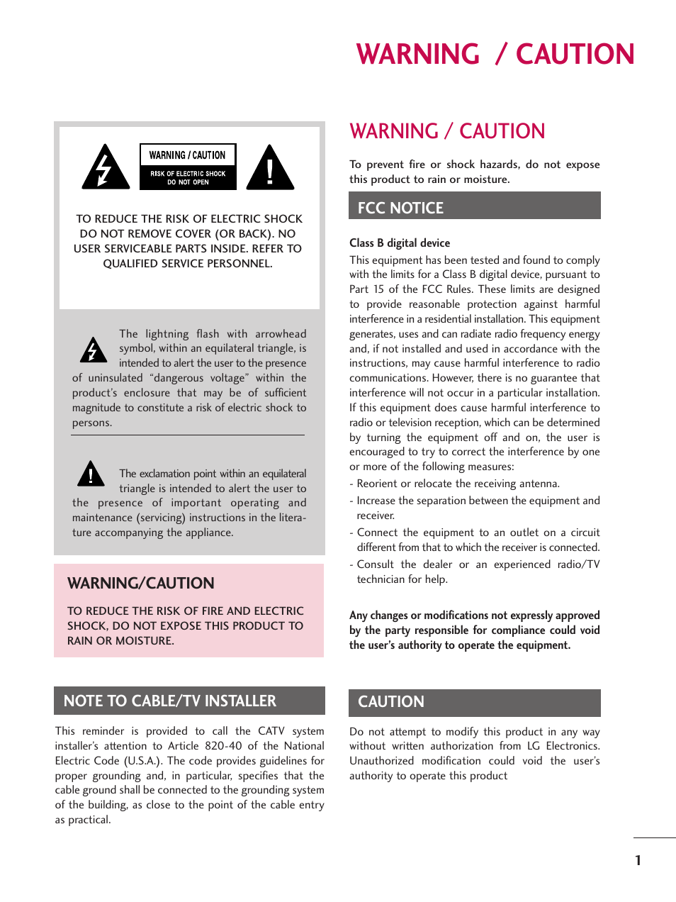 Warning / caution, Fcc notice, Caution | Warning/caution | LG Z47LC6DF-UL User Manual | Page 3 / 104
