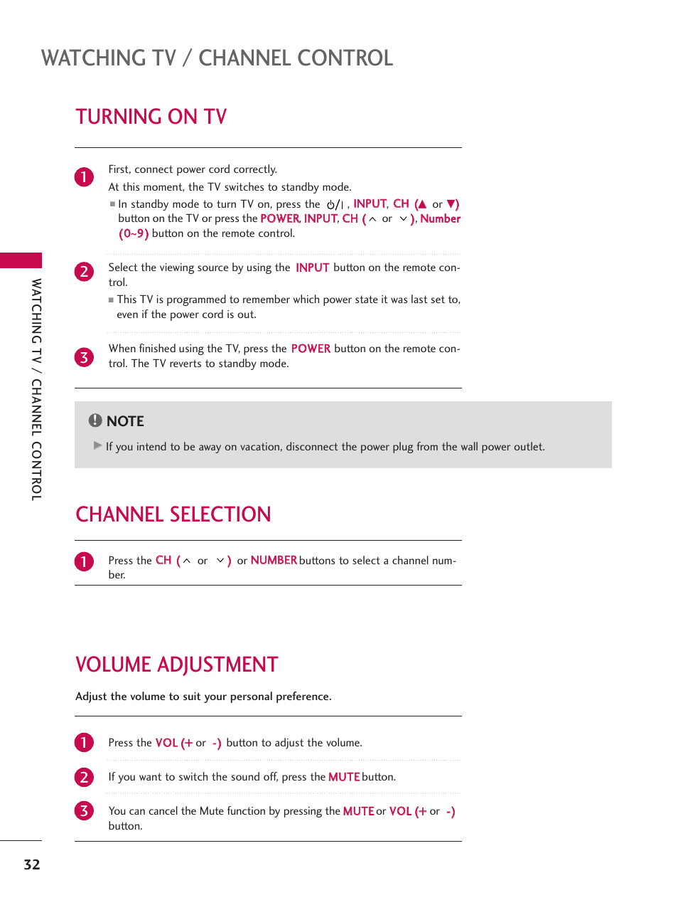 Usb in setup, Turning on tv, Channel selection | Volume adjustment, Watching tv / channel control, Volume adjustment channel selection | LG Z47LC6DF-UL User Manual | Page 34 / 104