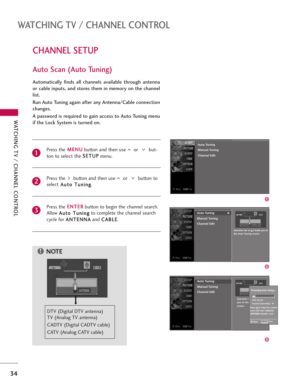 Channel setup, Auto scan (auto tuning), Watching tv / channel control | Watching tv / channel contr ol | LG Z47LC6DF-UL User Manual | Page 36 / 104