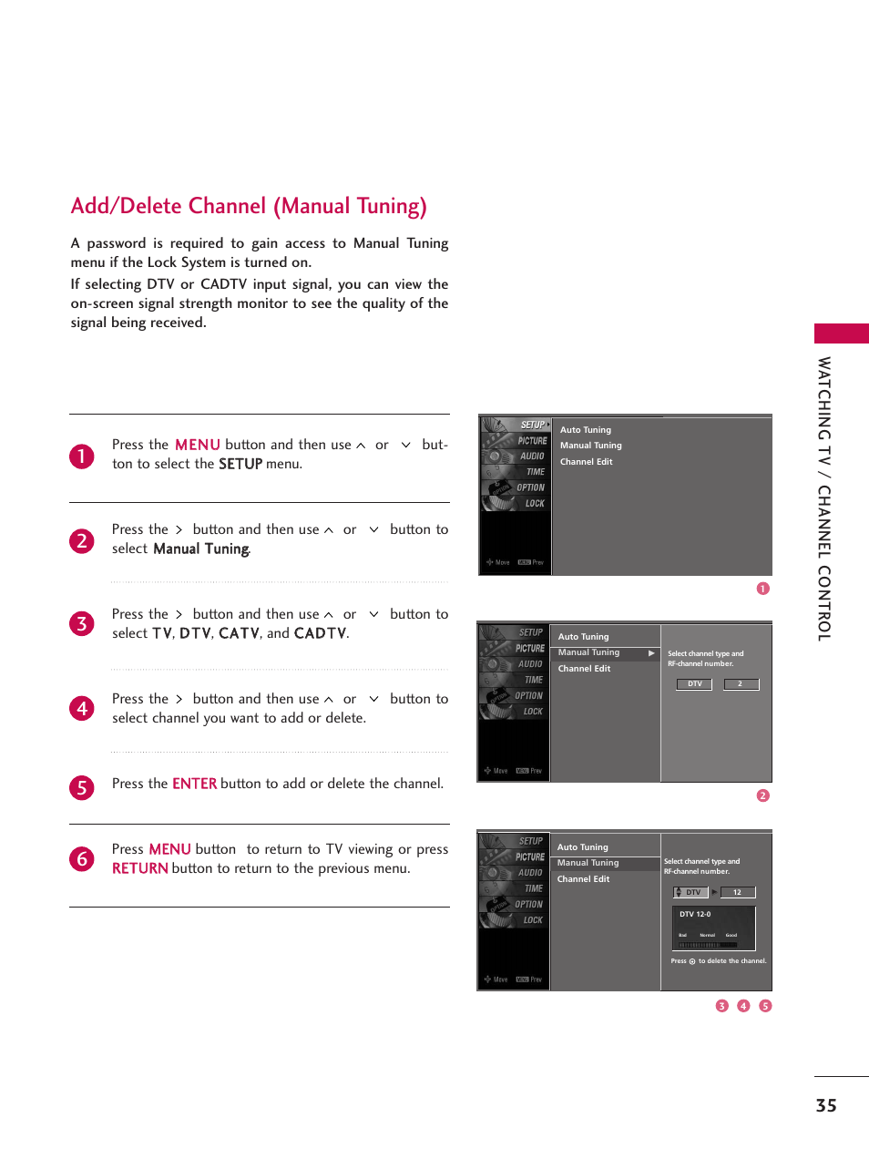 Add/delete channel (manual tuning), Watching tv / channel contr ol | LG Z47LC6DF-UL User Manual | Page 37 / 104
