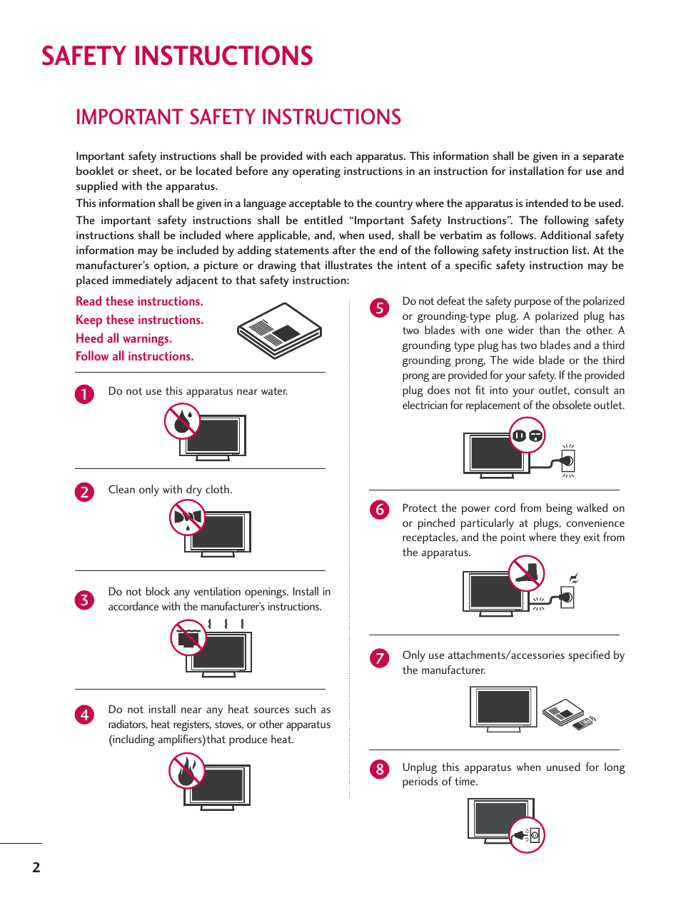 Safety instructions, Important safety instructions | LG Z47LC6DF-UL User Manual | Page 4 / 104