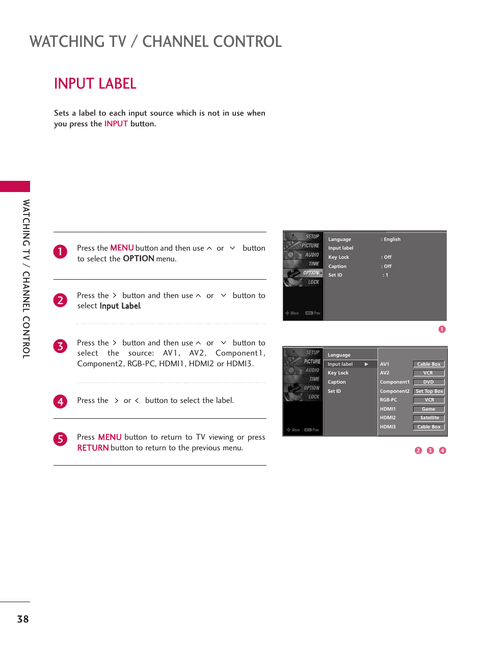 Input label, Watching tv / channel control, Watching tv / channel contr ol | LG Z47LC6DF-UL User Manual | Page 40 / 104