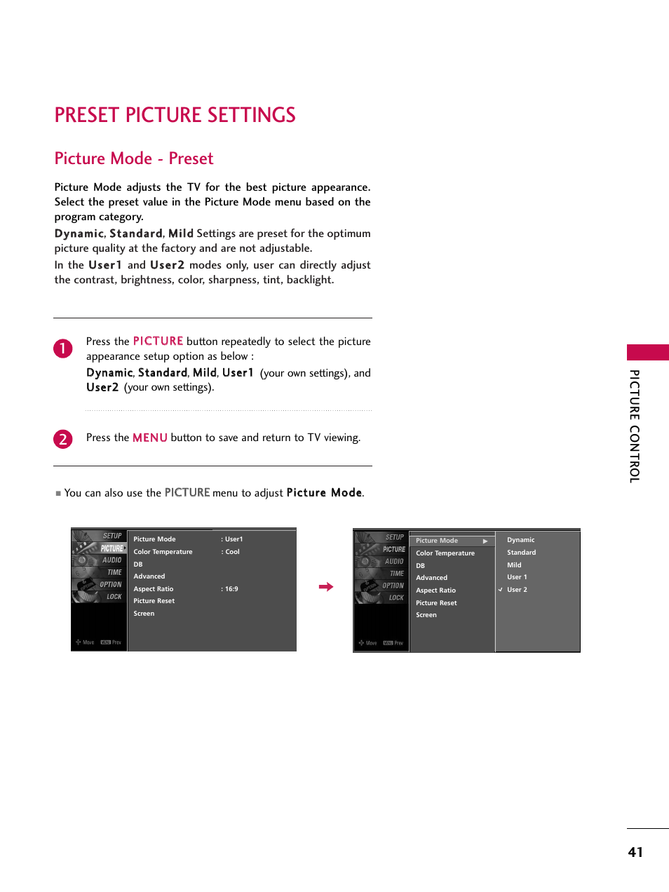 Preset picture settings, Picture mode - preset, Picture contr ol | LG Z47LC6DF-UL User Manual | Page 43 / 104