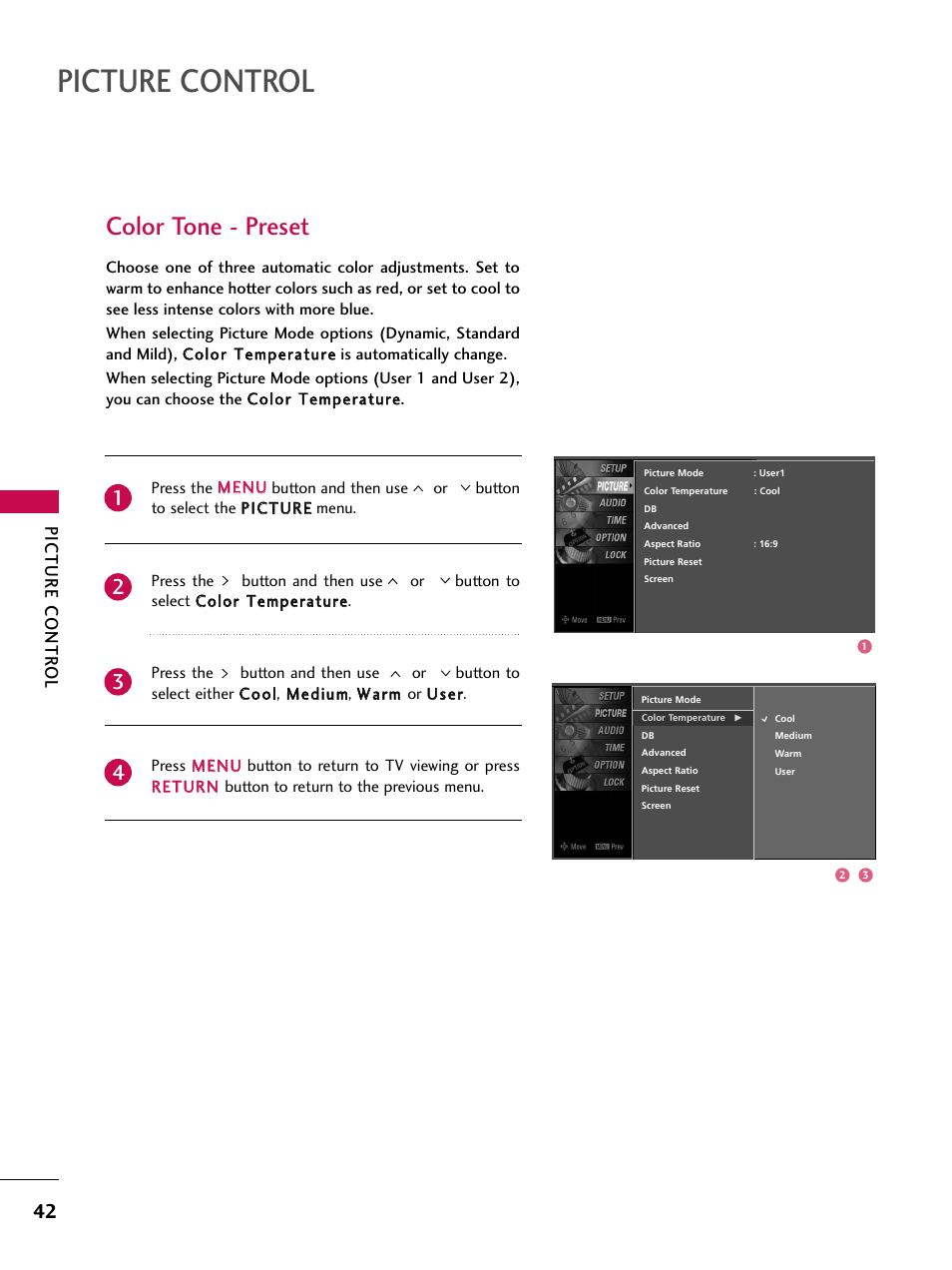 Color tone - preset, Picture control, Picture contr ol | LG Z47LC6DF-UL User Manual | Page 44 / 104