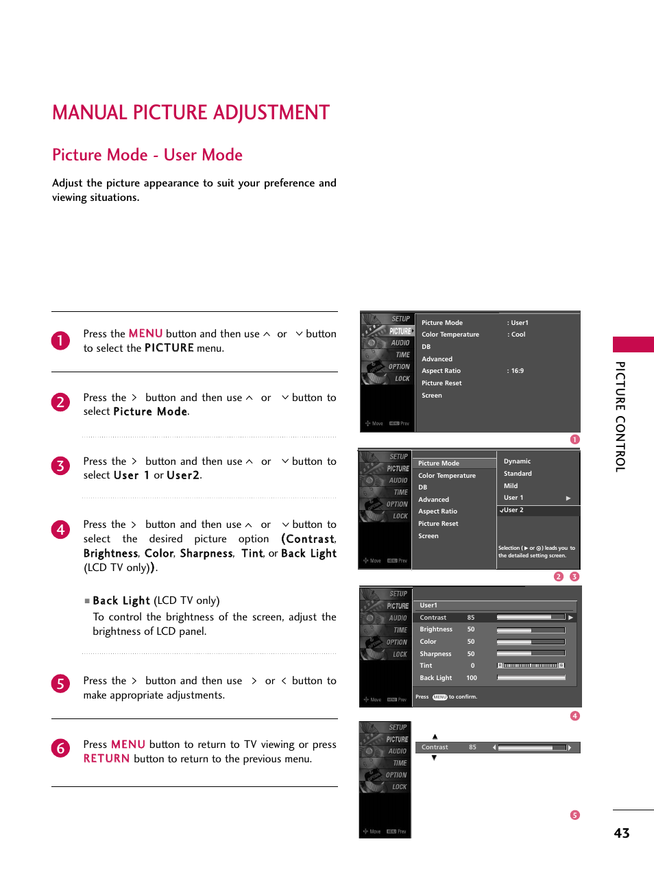 Manual picture adjustment, Picture mode - user mode, Picture contr ol | LG Z47LC6DF-UL User Manual | Page 45 / 104
